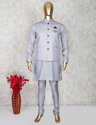 Solid grey cotton party wear waistcoat set