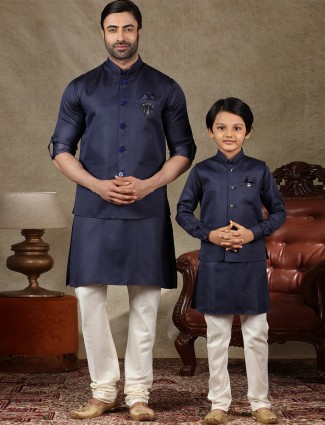 Solid navy cotton silk father and son waistcoat set