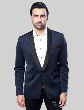 Solid navy terry rayon fabric mens blazer