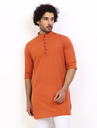 Solid orange coton festive wear kurta suit