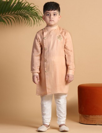 Solid peach full sleeves boys kurta suit for festive