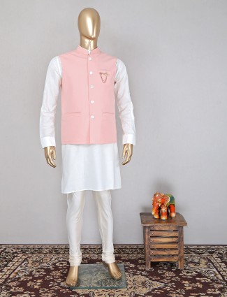 Solid pink party wear wasitcoat set for mens