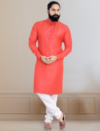 Solid style red festive wear cotton kurta suit