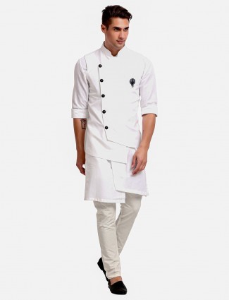 Solid white mens cotton waistcoat set