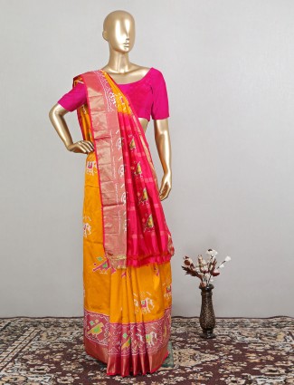 Special bright yellow wedding functions patola silk saree