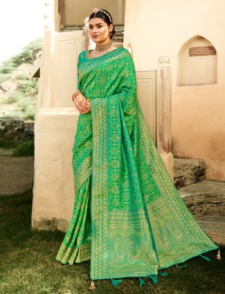 Special ocean green wedding functions banarasi silk saree