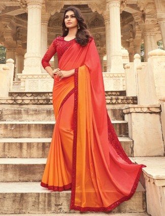 Special tangy orange festive functions satin saree