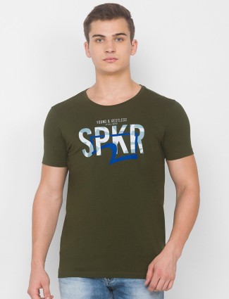 Spykar slim fit mehendi green cotton printed t-shirt