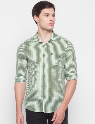 Spykar slim fit olive stripe cotton shirt