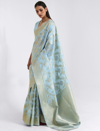 Stately sky blue festive cotton linen saree