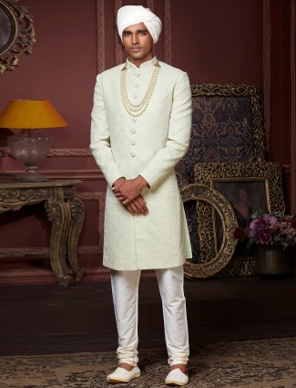Stone beige cotton silk sherwani for men