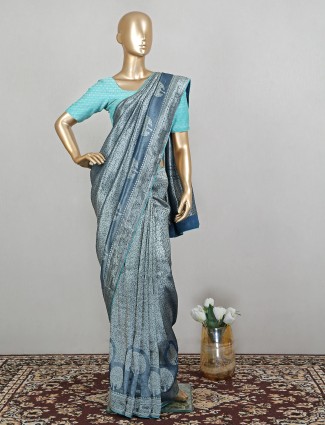 Stone blue wedding occasions raw silk saree for women