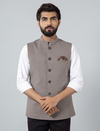 Stone grey solid cotton silk party wear waistcoat for men