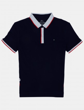 Stride solid navy slim fit cotton polo t-shirt