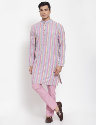 Striped style thread weaved pink kurta set for men