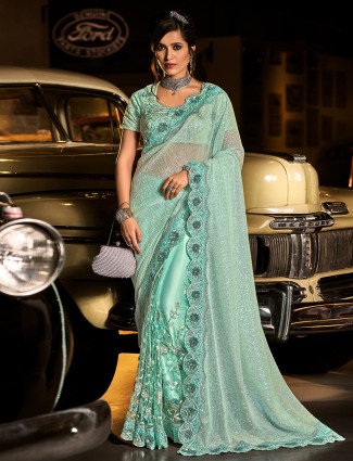 Stunning aqua color wedding and party functions lycra sari