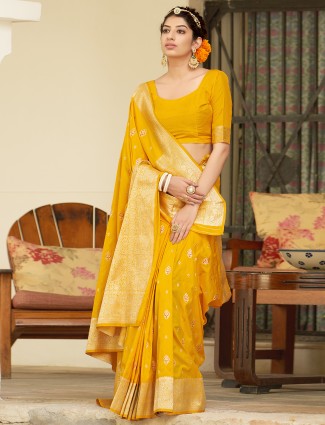 Stunning bright yellow color wedding functions banarasi silk sari