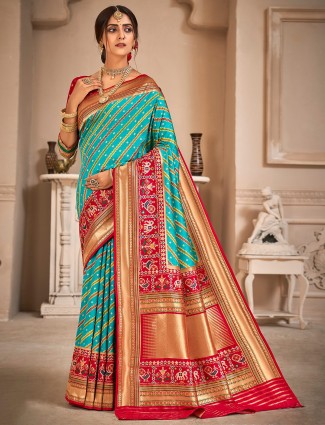Stunning aqua wedding functions patola silk sari