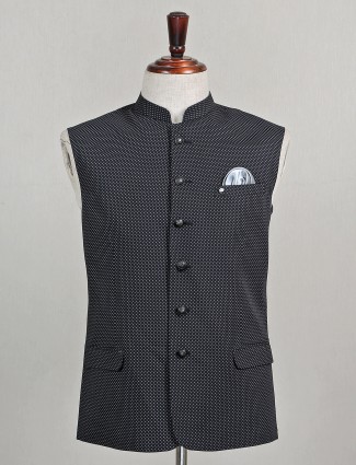 Stunning black cotton silk printed waistcoat suit for mens