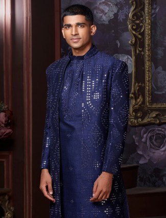 Stunning blue designer indowestern in raw silk 