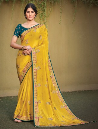 Stunning bright yellow wedding functions silk saree