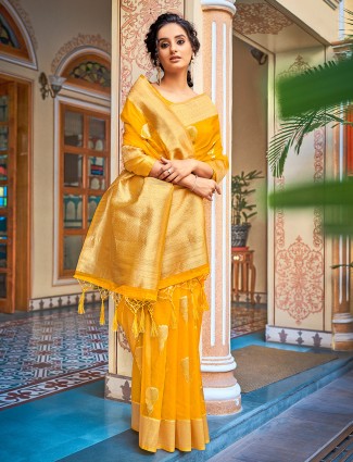 Stunning bright yellow wedding functions tissue silk saree