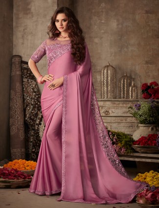 Stunning dusty pink festive functions satin saree
