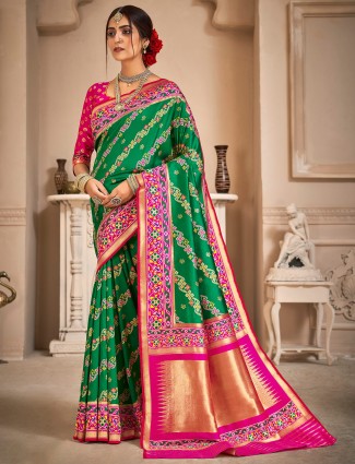 Stunning leaf green wedding functions patola silk saree