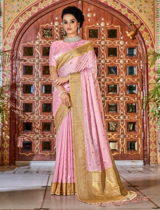 Stunning lemonade pink wedding functions banarasi silk saree