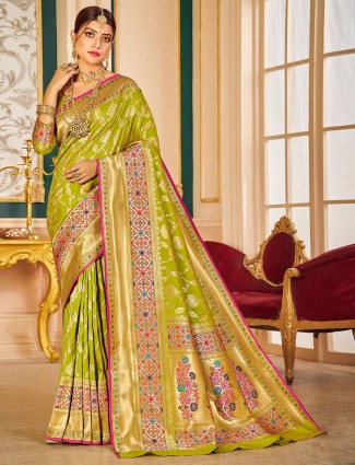 Stunning lime green wedding functions banarasi silk saree