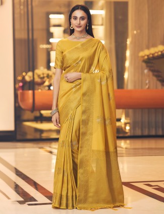 Stunning mustard yellow wedding functions raw silk saree