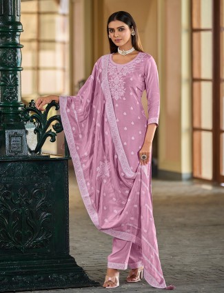 Stunning pink silk thread weaving salwar suit