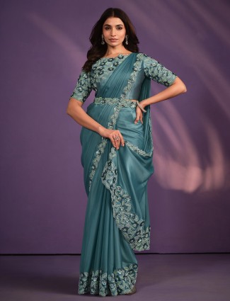 Stunning rama blue ready-to-wear saree