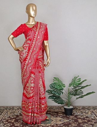 Stunning red bandhej silk printed saree for women