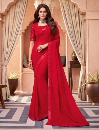 Stunning red festive wear georgette saree