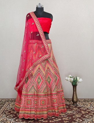 Stunning red semi stitched bridal wear silk lehenga