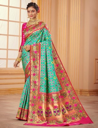 Stunning sea green wedding functions patola silk sari