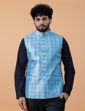 Stunning sky blue printed silk waistcoat
