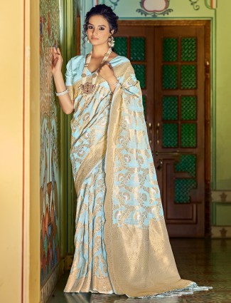 Stunning sky blue wedding wear linen saree