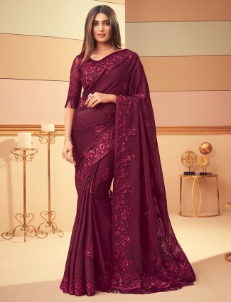 Stunning wine purple festive and party wear satin saree