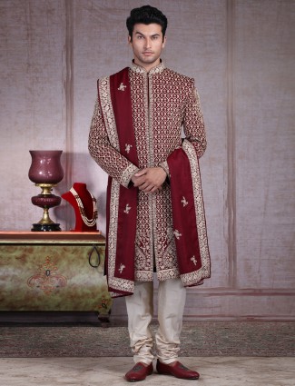Stylish designer maroon silk sherwani set