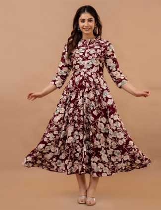Stylish maroon floral printed cotton kurti