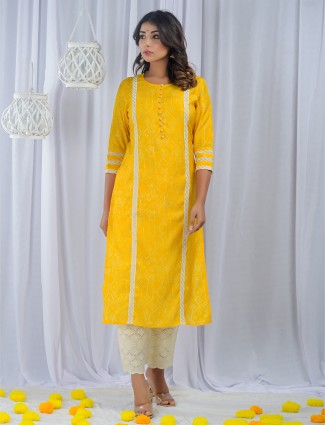 Sunshine yellow punjabi style printed festive wear cotton pant suit