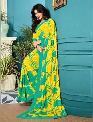 Superb lemon yellow printed georgette saree for festive events