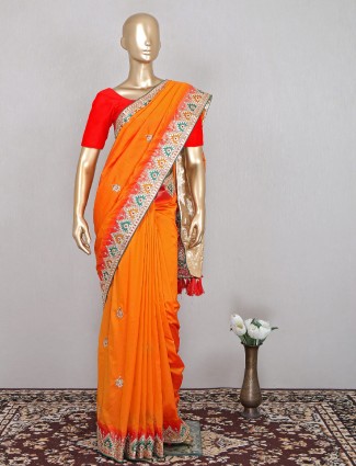 Superb orange silk saree for wedding event