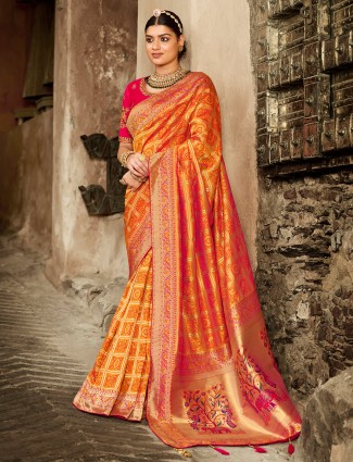Tangy orange amazing zari details wedding sari in banarasi silk