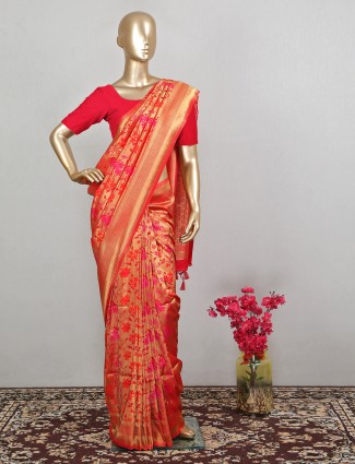 Tangy orange latest designer wedding events banarasi silk saree