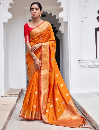 Tangy orange pleasant wedding events banarasi silk saree