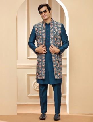 Teal blue embroidery indowestern in silk