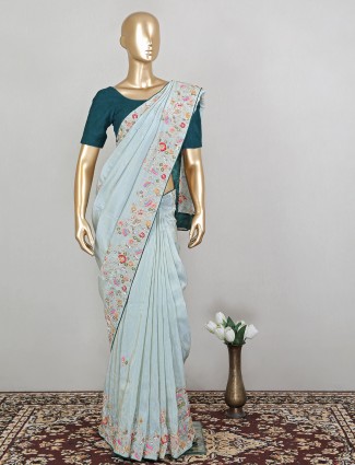 Teal blue extraordinary wedding look silk sari